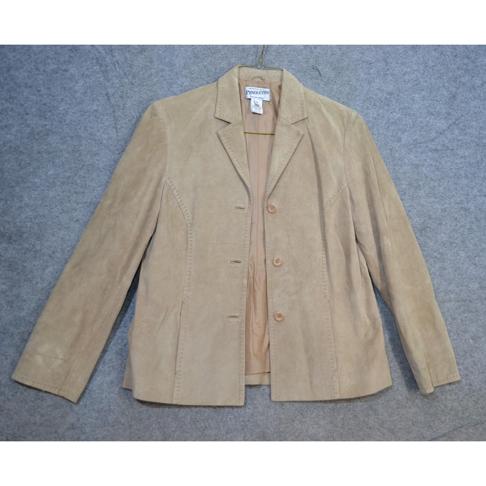 VTG Pendleton Blazer Womens M Beige Leather Suede 3 Button Lined Classic Jacket